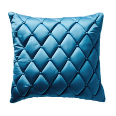 Plush blue cushion with tufted design on transparent background
