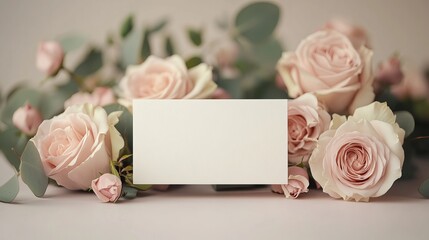 Elegant White Card Nestled Amidst Lush Pink Roses Creating a Soft Romantic Atmosphere Perfect for Invitations or Personal Messages in a Charming Floral Setting of Natural Beauty