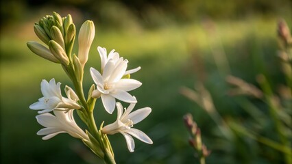 Luxurious Tuberose Bloom:  Close-Up Photography of Creamy White Flowers with Soft Lighting and Lush Green Background