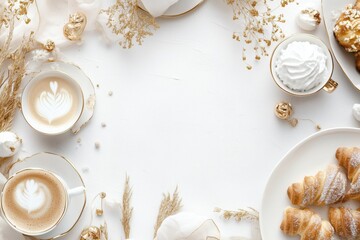 Xícara de café elegante com detalhes dourados, acompanhada de doces e decorações festivas em fundo branco, criada com IA generativa para um visual sofisticado e convidativo