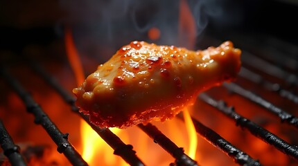 Juicy, Golden-Brown Chicken Drumsticks on a Black Grill with Rising Smoke
