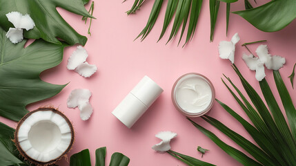 bottle of cosmetic coconut cream and fresh coconut	
