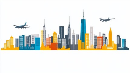 Naklejka premium Metropolis Scenery with Airplanes Graphic Depiction of Urban Center Travel with Skyline Skyscrapers in Vector Style for Cityscape Imagery