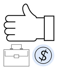 Hand giving thumbs-up, briefcase, and dollar coin symbolizing business success, approval, and financial growth. Ideal for leadership, trust, transactions, career teamwork entrepreneurship abstract