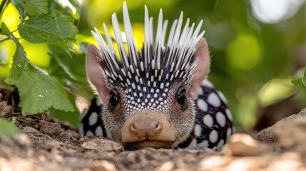 Obraz premium Young Porcupine Hiding in Tropical Foliage