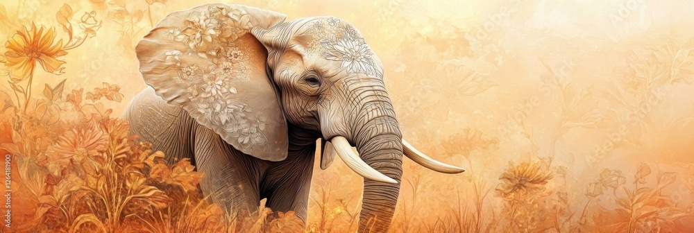 Poster vibrant elephant walking through a colorful landscape adorned with artistic floral patterns in warm 