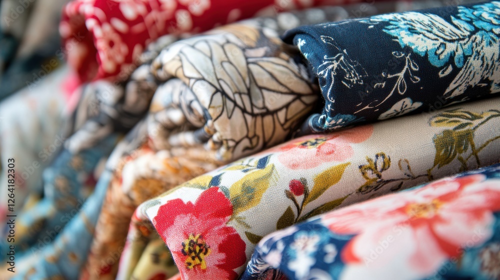 Leinwandbilder Close up of beautifully patterned fabrics featuring floral and geometric designs with a blank space for custom text. Generative AI