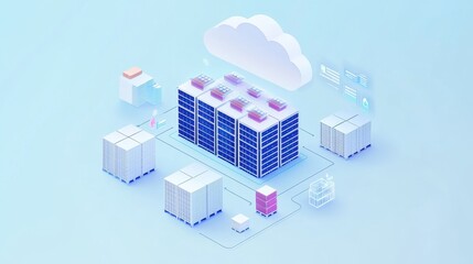 Cloud-based logistics system connecting global warehouses, digital supply chain. 
