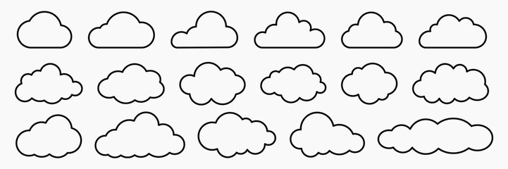 Obraz premium Collection of cloud outlines, various cloud shapes, cloud patterns, simple cloud designs, minimalist cloud illustrations, cloud icons, black cloud outlines. Weather illustration, vector set.