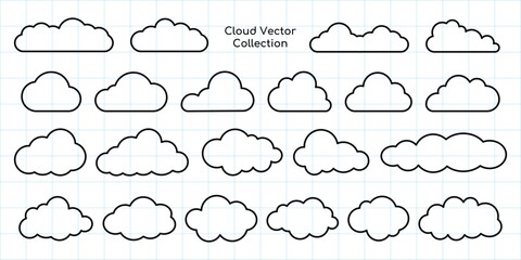Cloud vector collection with various cloud shapes. Simple cloud designs on a grid background. Ideal for cloud-themed projects and cloud illustrations. Weather illustration, vector set.