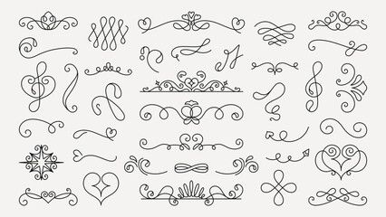 Vector set. Elegant decorative flourishes and swirls in black. Swirls and flourishes for design. Ornamental flourishes for decoration. Swirls and decorative elements. Hand drawn ornament vector set.