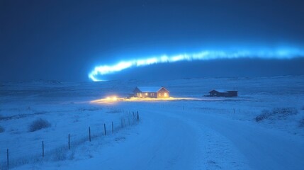 Aurora Borealis over Snowy Landscape with Illuminated Cabin