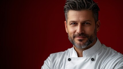 Obraz premium A Male Chef Poses Against A Red Background