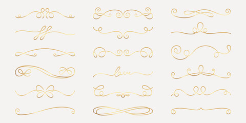 Obraz premium Elegant gold decorative swirls and flourishes on a light background. Swirls and flourishes create a classic, ornate design. Perfect for invitations and elegant decor. Hand drawn ornament vector set.