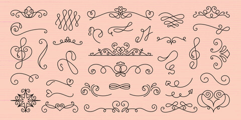Vector set. Elegant line art flourishes and swirls, decorative elements for design. Swirls and flourishes in various styles, perfect for adding decorative touches. Hand drawn ornament vector set.