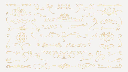 Obraz premium Vector set. Elegant gold decorative swirls and flourishes. Swirls and flourishes in gold for design. Use these gold flourishes for elegant decoration and style. Hand drawn ornament vector set.