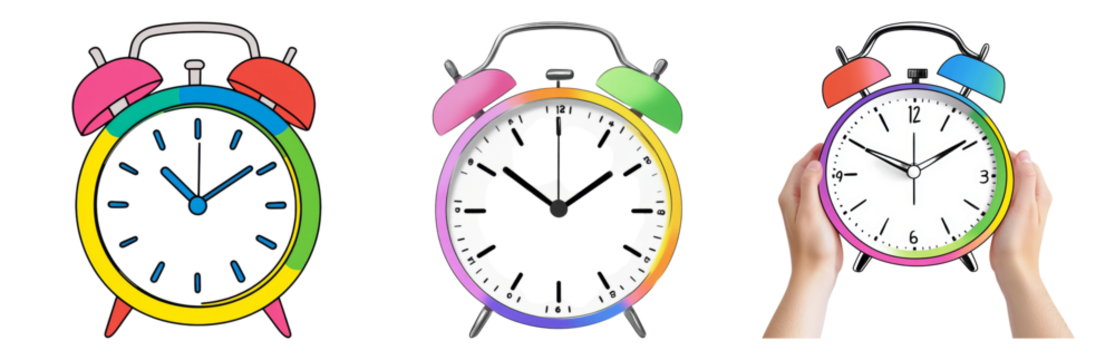 Alarm Clocks with Various Time Displays Isolated on transparent background - Powered by Adobe