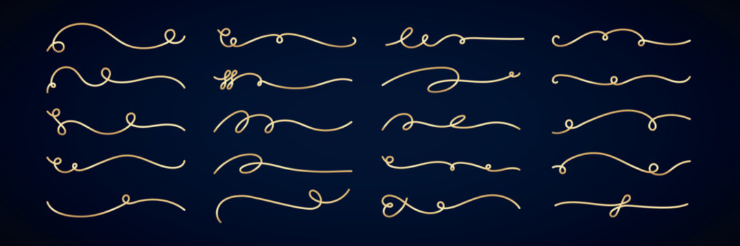 Vector set. Elegant gold line flourishes on a dark background. Decorative flourishes, gold accents, and swirling lines create a sophisticated design element. Hand drawn ornament vector set.