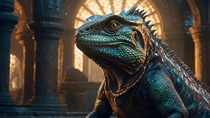Mystical Lizard Among Glowing Runes in an Enchanted Ancient Temple