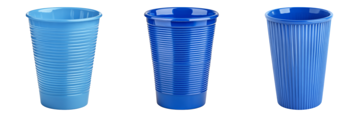 Blue Plastic Cups in Various Textures and Shapes Isolated on transparent background