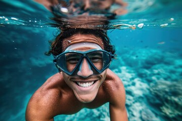 Naklejka premium Happy samoan young diver diving underwater recreation swimming.