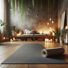 Warm and inviting meditation studio with candles and wood