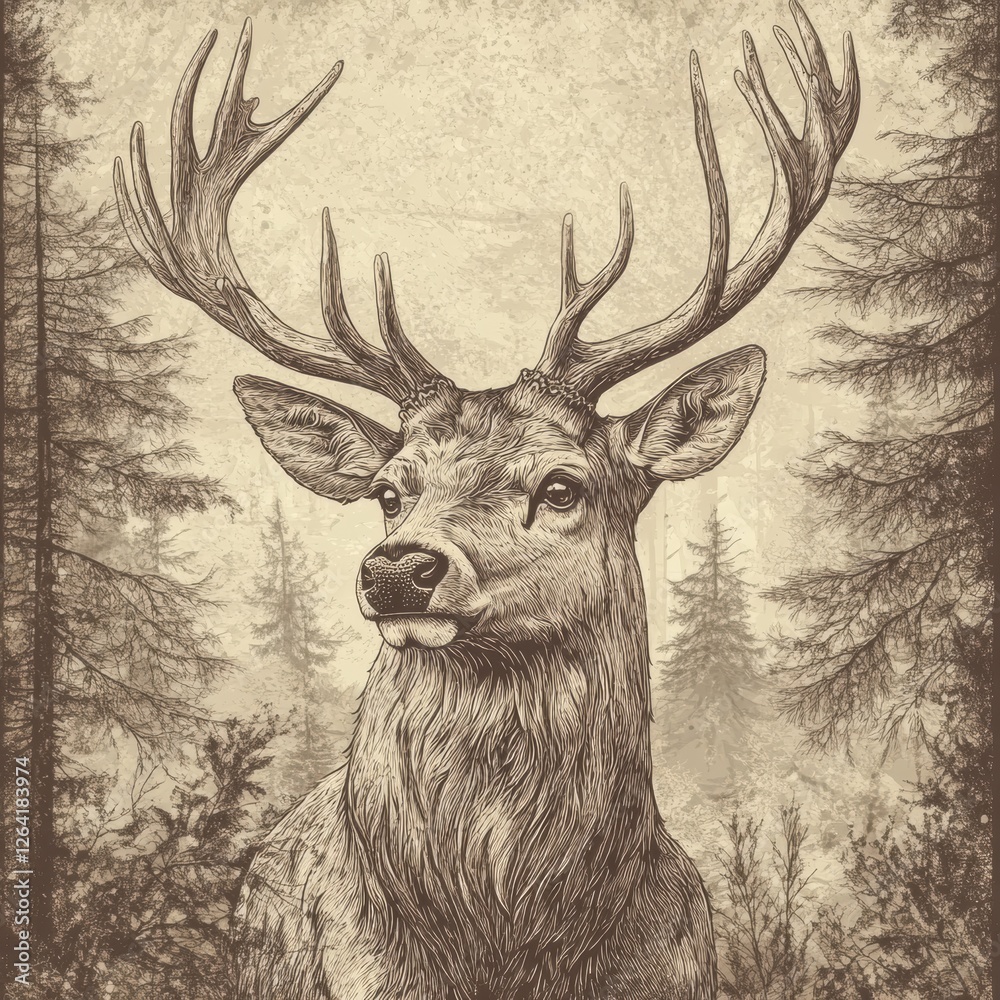 Fototapete engraved deer portrait showcasing intricate line work and sepia tones in a tranquil forest setting w