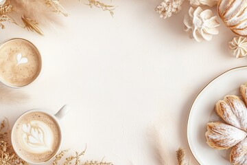 Obraz premium Xícara de café elegante com detalhes dourados, acompanhada de doces e decorações festivas em fundo branco, criada com IA generativa para um visual sofisticado e convidativo