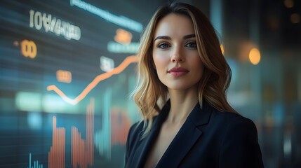 Successful Businesswoman Confidently Navigates Futuristic Financial Charts for Strategic Growth and Profitability