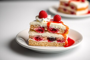 Delicious slice of white cake with raspberries and cream topped with syrup