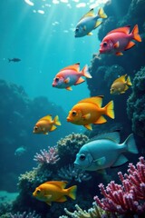 Fototapeta premium School of colorful fish swimming together in the ocean , fish, aquatic, ocean