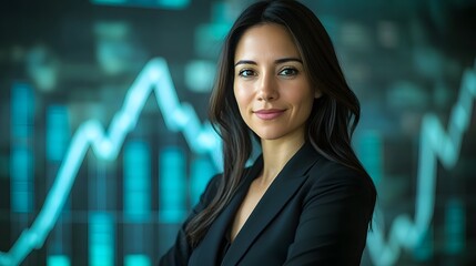 Confident Businesswoman Analyzing Futuristic Financial Data Amid Rising Market Trends