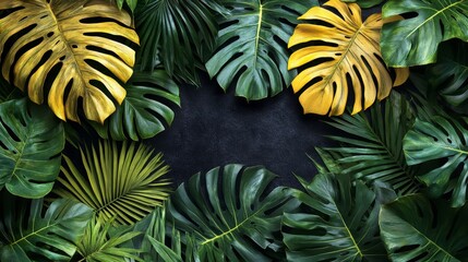 Fototapeta premium Luxuriant tropical leaves frame with a dark background ideal for presentations and designs with natural elegance and lush aesthetics