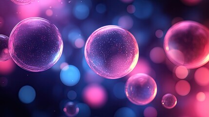 Colorful bubbles floating in a dreamy background of vibrant lights and soft bokeh effects