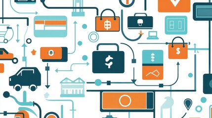 Fototapeta premium Digital payment icons flowing into delivery network, seamless transaction logistics. 