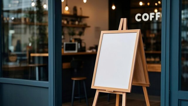 Shop sign on an easel mockup. White blank signboard stand near the entrance to the coffee shop, mock up, black, board, frame