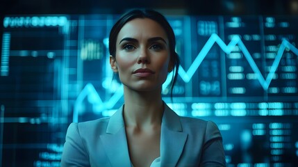 Confident Businesswoman Analyzing Financial Data in Futuristic Corporate Setting