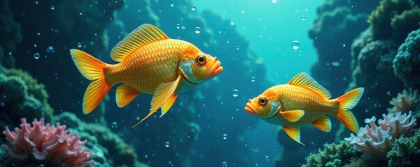 Naklejka premium School of Fish with Bubbles, seafood, fish, underwater