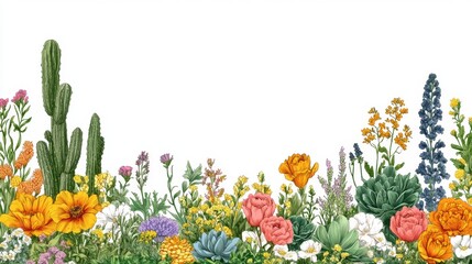 Botanical Abundance Watercolor Illustration Blooming Garden Plants with Desert Cactus Colorful Floral Border on White Backdrop Wallpaper