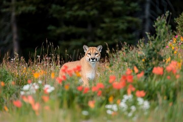 Fototapeta premium Cougar staring, in wildflowers meadow, forest backdrop, for wildlife conservation