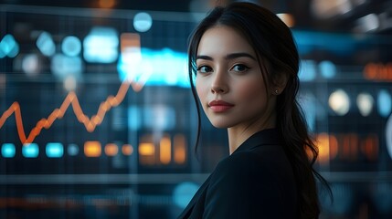 Confident Businesswoman Stands Before Rising Financial Charts in Futuristic Corporate Setting