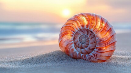 Close-up of a beautifully patterned seashell resting on sandy beach at sunset, waves in background