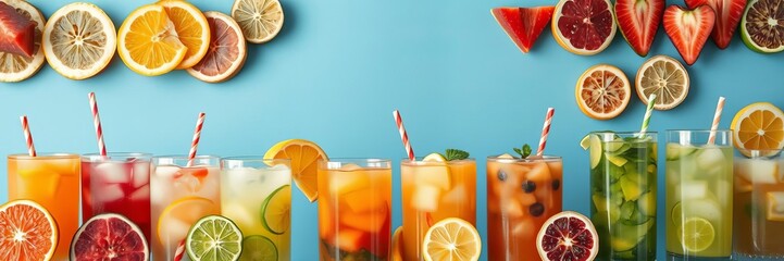 A vibrant row of colorful drinks with fresh fruit slices adding a pop of color and freshness, colorful, variety, refreshing