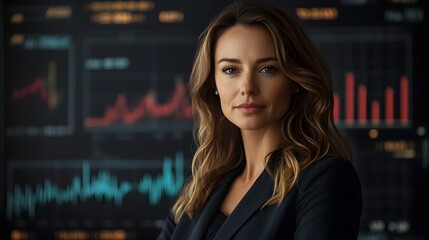 Confident Businesswoman Overseeing Futuristic Financial Charts and Rising Graph
