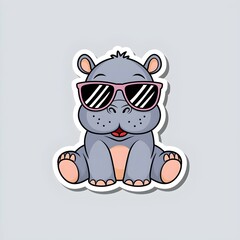 Fototapeta premium Cute Hippo Cartoon Sticker Wearing Pink Sunglasses