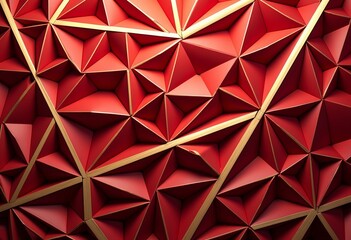 Modern Geometric Pattern with Red Polygons: A dynamic composition of intricate red shapes intersected by golden lines on dark backdrop, perfect for wallpapers, backgrounds, and modern design applicati