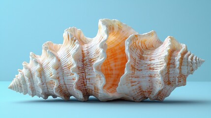 Close-up of a beautifully detailed seashell resting on a soft blue background, showcasing intricate patterns