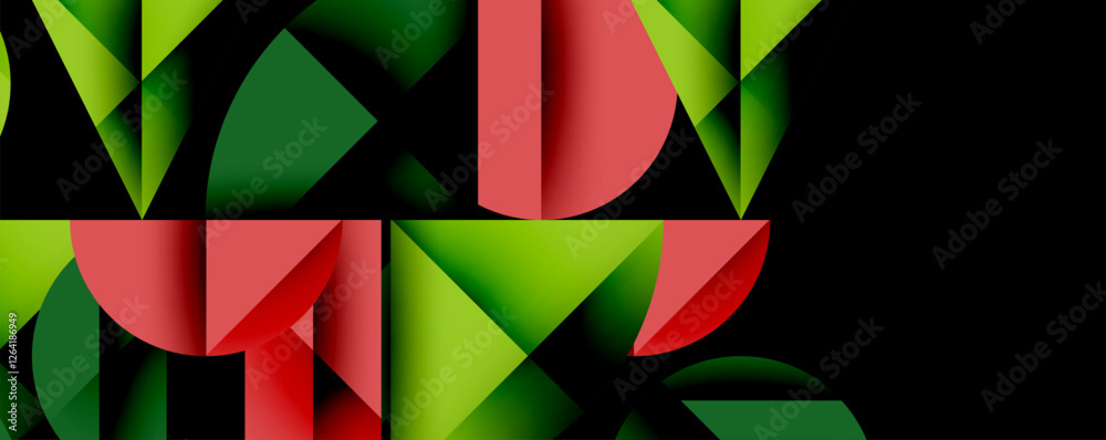 Poster Abstract geometric background with layered gradient shapes forming dynamic patterns. Overlapping semi circles and triangles create depth and contrast