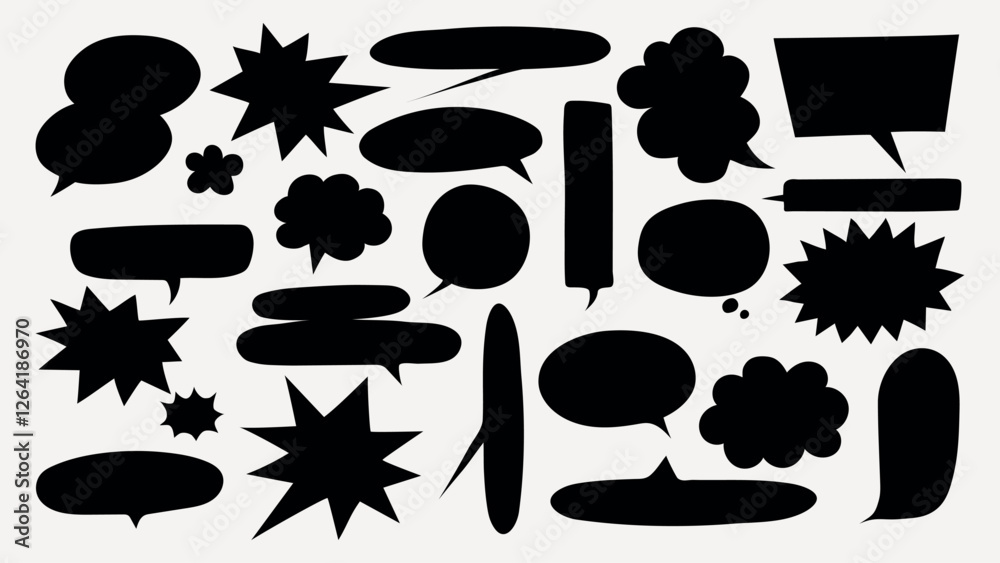 Wall mural various black speech bubbles and thought clouds in different shapes and sizes on a white background.