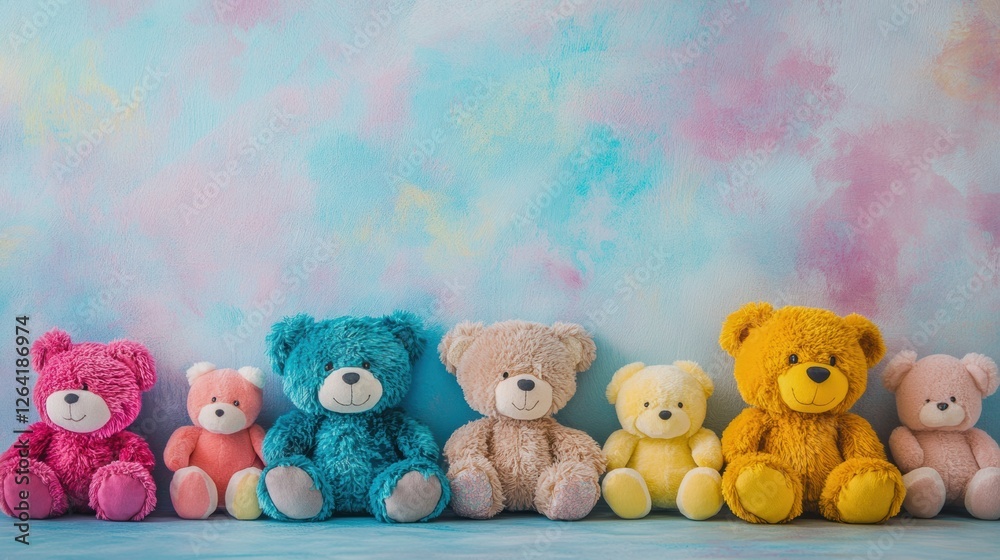 Poster Colorful assortment of plush teddy bears lined up against a pastel backdrop in a playful setting. Generative AI